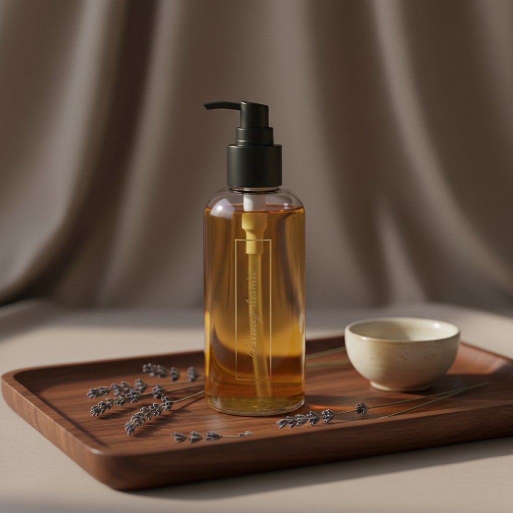 Vase, bouteille d'huile et service à café sur une assiette fraîchement cirée, créant un cadre ordonné de luxe et de confort.